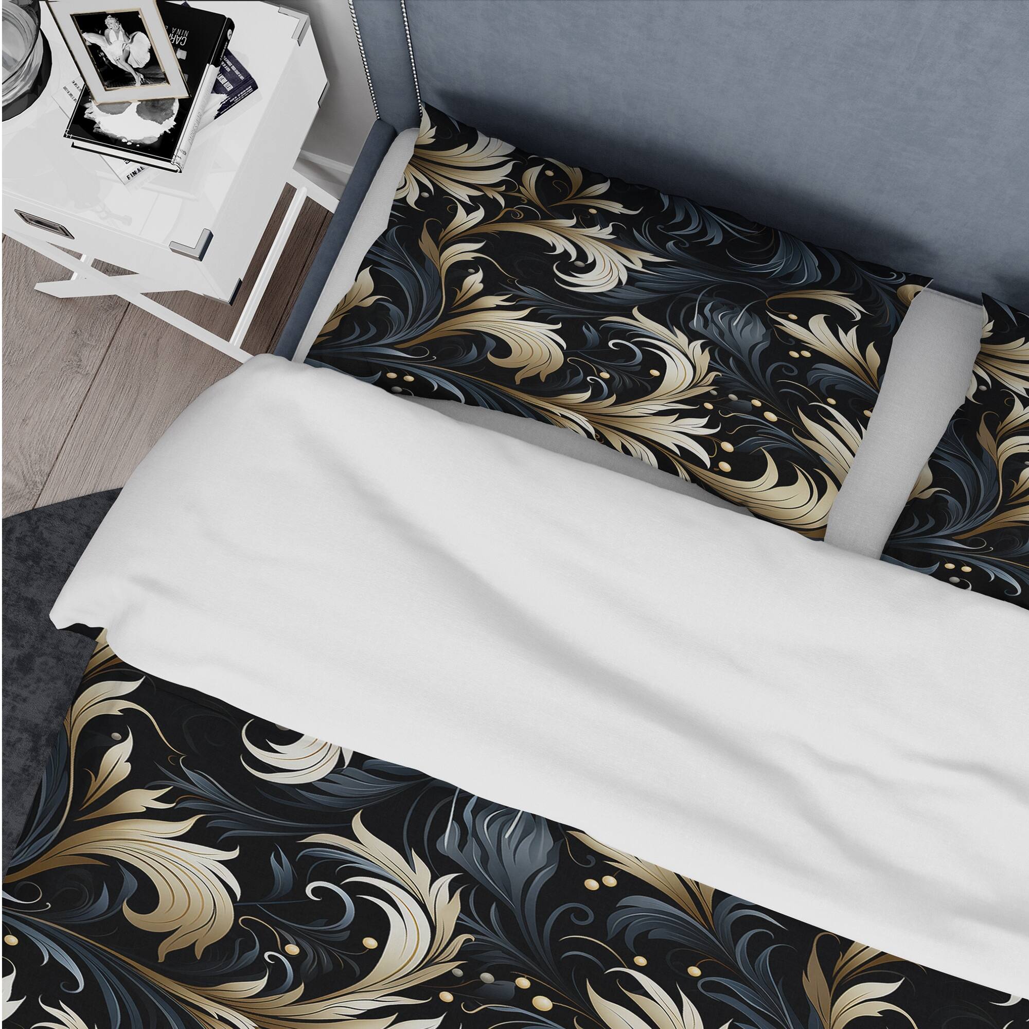 Designart "Damask Black And Grey Calligraphy Flourishes I" Gold Damask bed cover set with 2